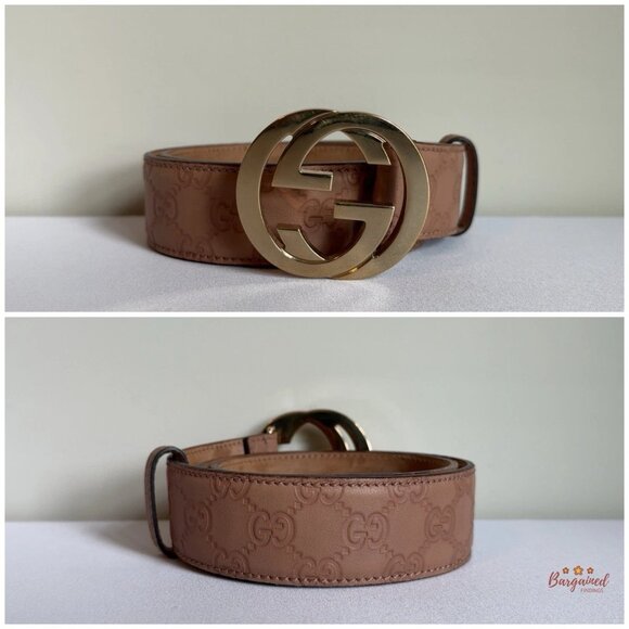 Auth Gucci Brown/Beige Guccissima Leather Gold Interlocking G Buckle Belt 80/32 - Picture 3 of 13